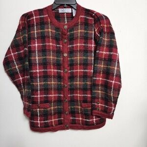 Vtg Signature By Northern Isle Deep Red Plaid Cardigan Sz M Mohair Blend LN Cond